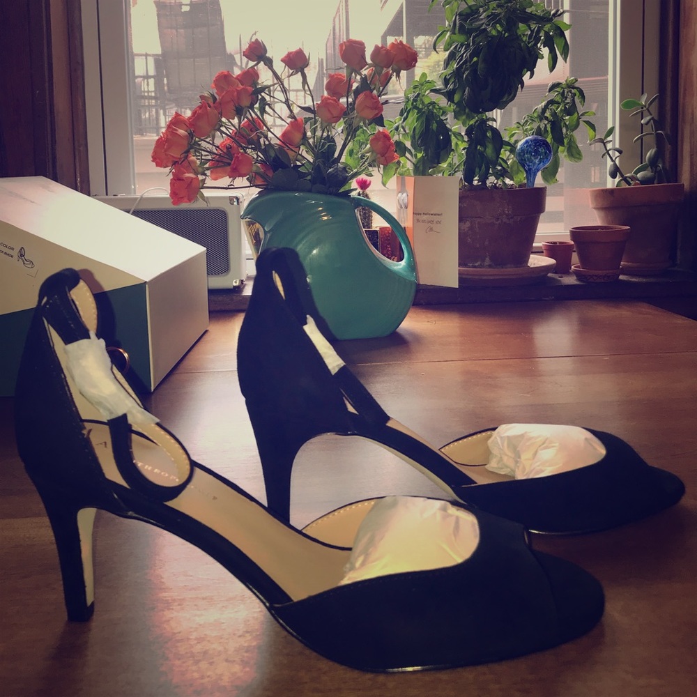 Anthropologie Black Suede Ankle Strap Heels